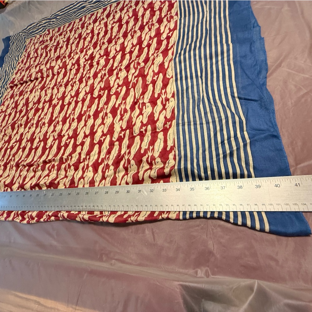 Etcetera by Carlisle Red/Cream Print Infinity Scarf with Blue Stripe Trim - Picture 3 of 5